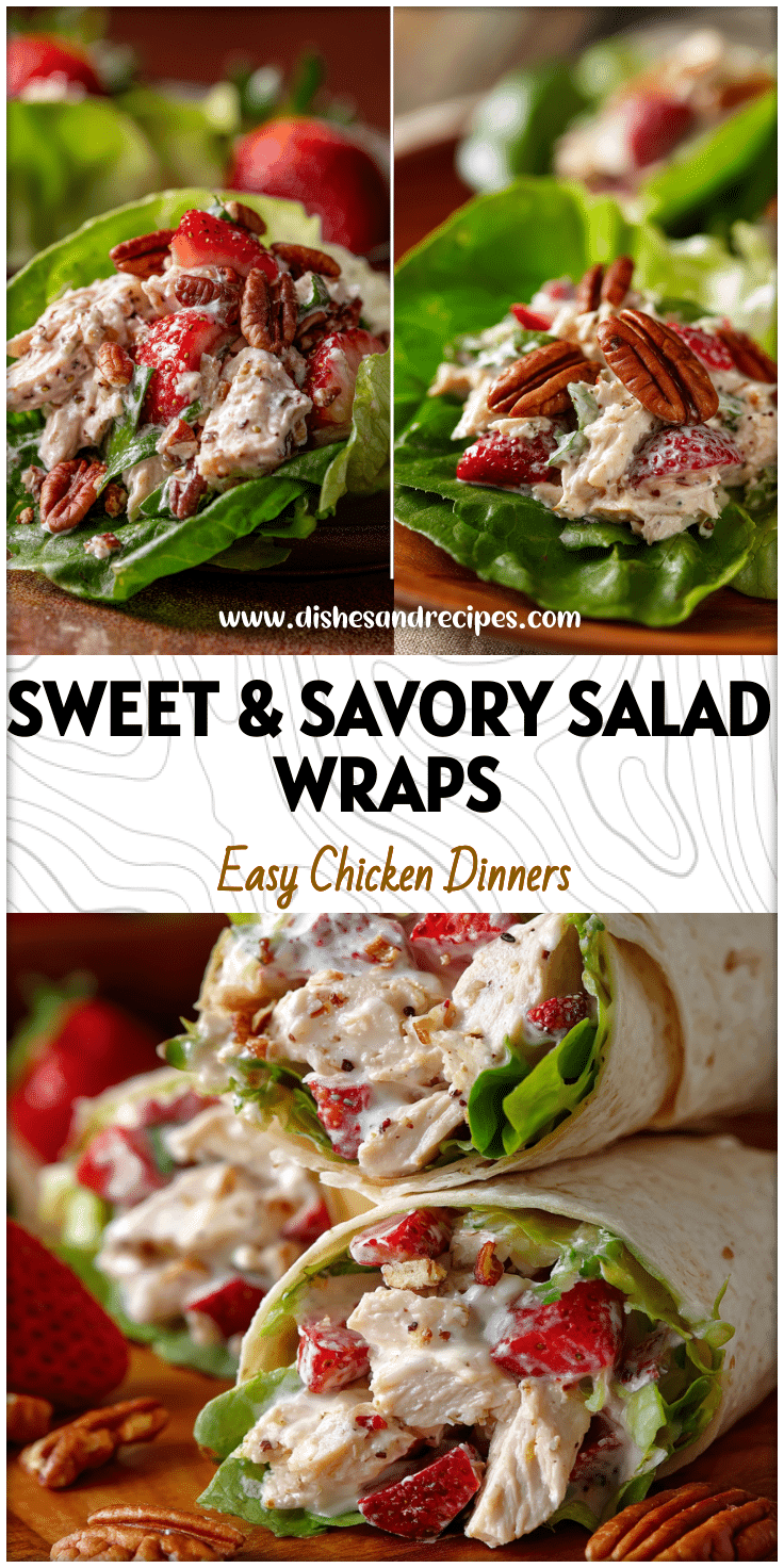 Fresh Strawberry Chicken Salad Wraps with Pecans, a colorful Low-carb Chicken Salad Dish styled like a Pecan Chicken Salad.